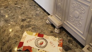 En hall med ett marmorgolv, en vit dörr, ett litet bord med en stol och ett dekorativt skåp med intrikata mönster.