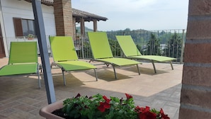 Eine Terrasse mit grünen Lounge-Sesseln und einem Blumenbeet mit roten Blüten.