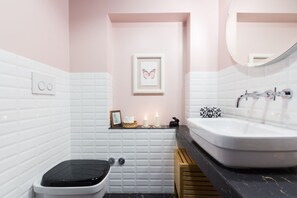 Shower, hair dryer, bidet, towels