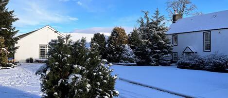 Un paisaje nevado con un edificio blanco, árboles cubiertos de nieve y un cielo azul despejado.