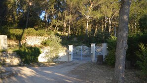 Une entrée fermée par un portail en métal et bordée d’un mur en pierre, le tout entouré d’arbres et d’arbustes.