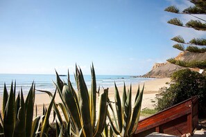 Vista sulla spiaggia con un pontile di legno e piante di agave sullo sfondo.