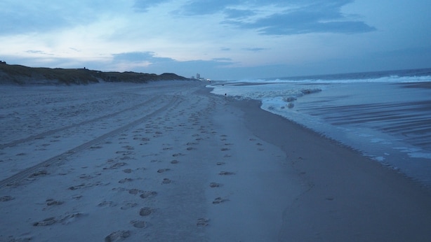 Uma praia com pegadas que levam até a água, uma duna e uma construção ao longe.