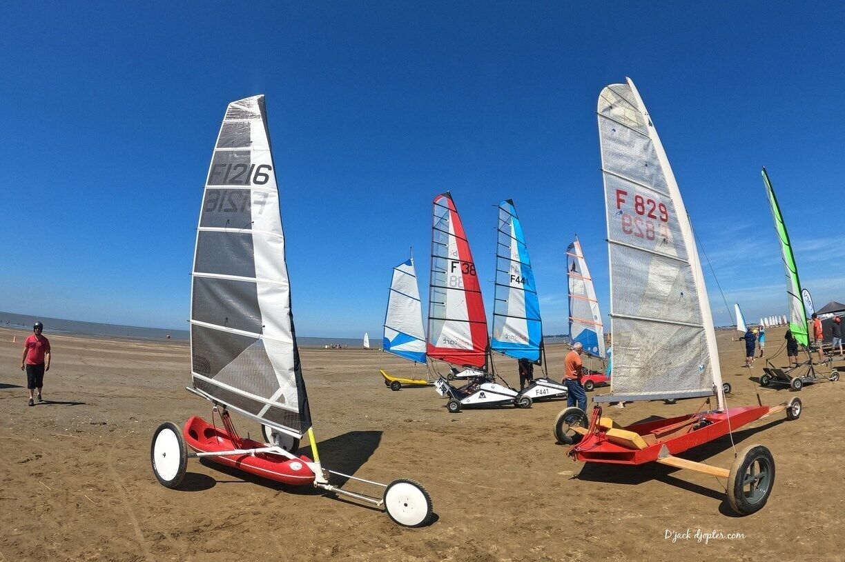 Une plage où plusieurs petits voiliers sont alignés.