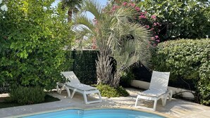 A poolside area with two white lounge chairs and a palm tree.