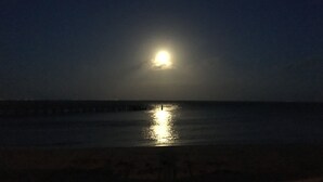 Une scène nocturne avec une lune brillante se reflétant sur une étendue d’eau calme.