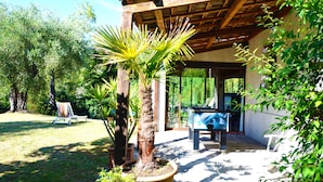 Een overdekt buitengebied met een pooltafel, een houten pergola en plantenpotten.