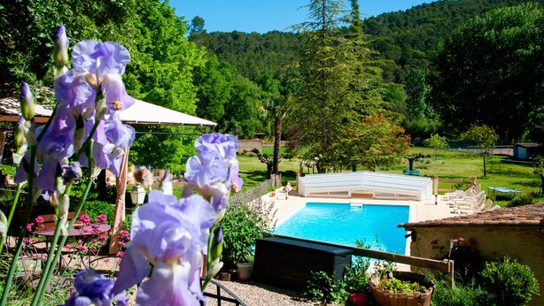 Una piscina rodeada de exuberante vegetación, una terraza de madera y vistas a una colina boscosa.