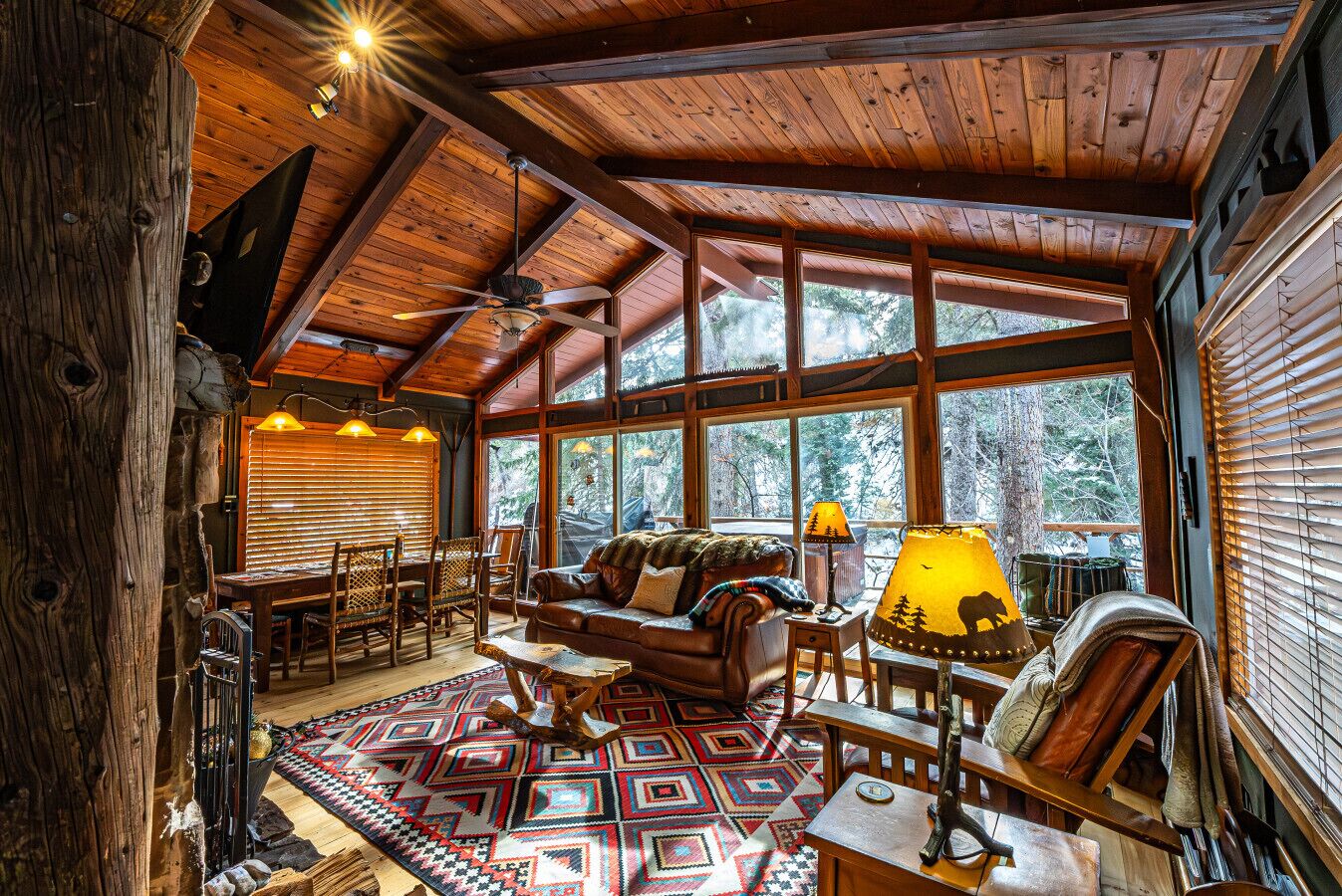 TV, fireplace, books