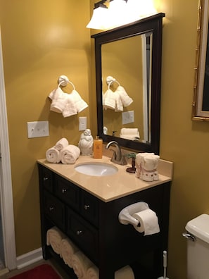 Combined shower/tub, hair dryer, towels