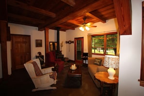 TV, fireplace, DVD player, books