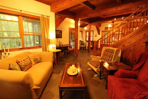 TV, fireplace, DVD player, books