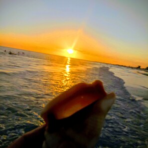 Un coucher de soleil sur l’océan, avec une main tenant un appareil photo.