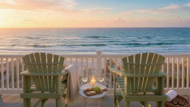 Vista para o mar com duas cadeiras Adirondack verdes, uma mesa pequena com uma vela, copos de vinho e um prato de frutas.