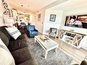 TV, DVD player, books, stereo
