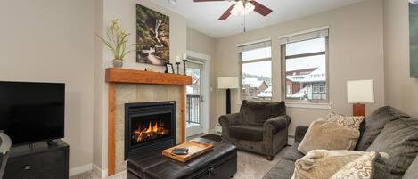 TV, fireplace, video games, DVD player