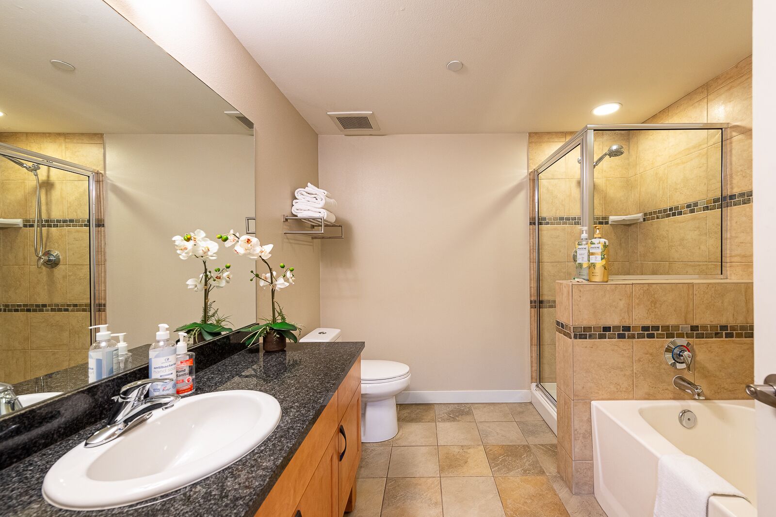A modern bathroom with a sink, toilet, shower, and bathtub.
