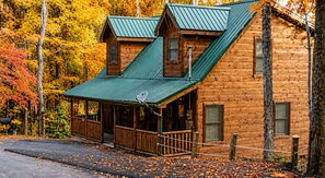 A wooden cabin with a green roof, a porch, and a mailbox.