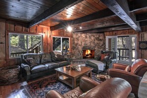 Smart TV, fireplace, video games, DVD player