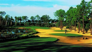 A golf course with sand bunkers, water hazards, and a pond. - Naples Luxury Spotless 4 Bdrm Heated Pool Walk Bike To Beach  (Naples)