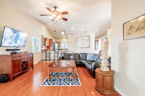 Smart TV, fireplace, video games, music library