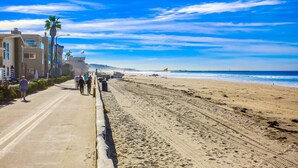 Ein Strand mit gepflastertem Weg, Palmen und blauem Himmel.