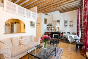 Smart TV, fireplace, books