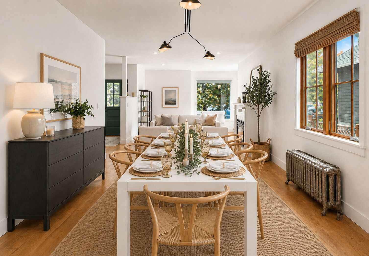 Ein Esszimmer mit einem langen Tisch, gedeckt für sechs Personen, umgeben von Holzsesseln.