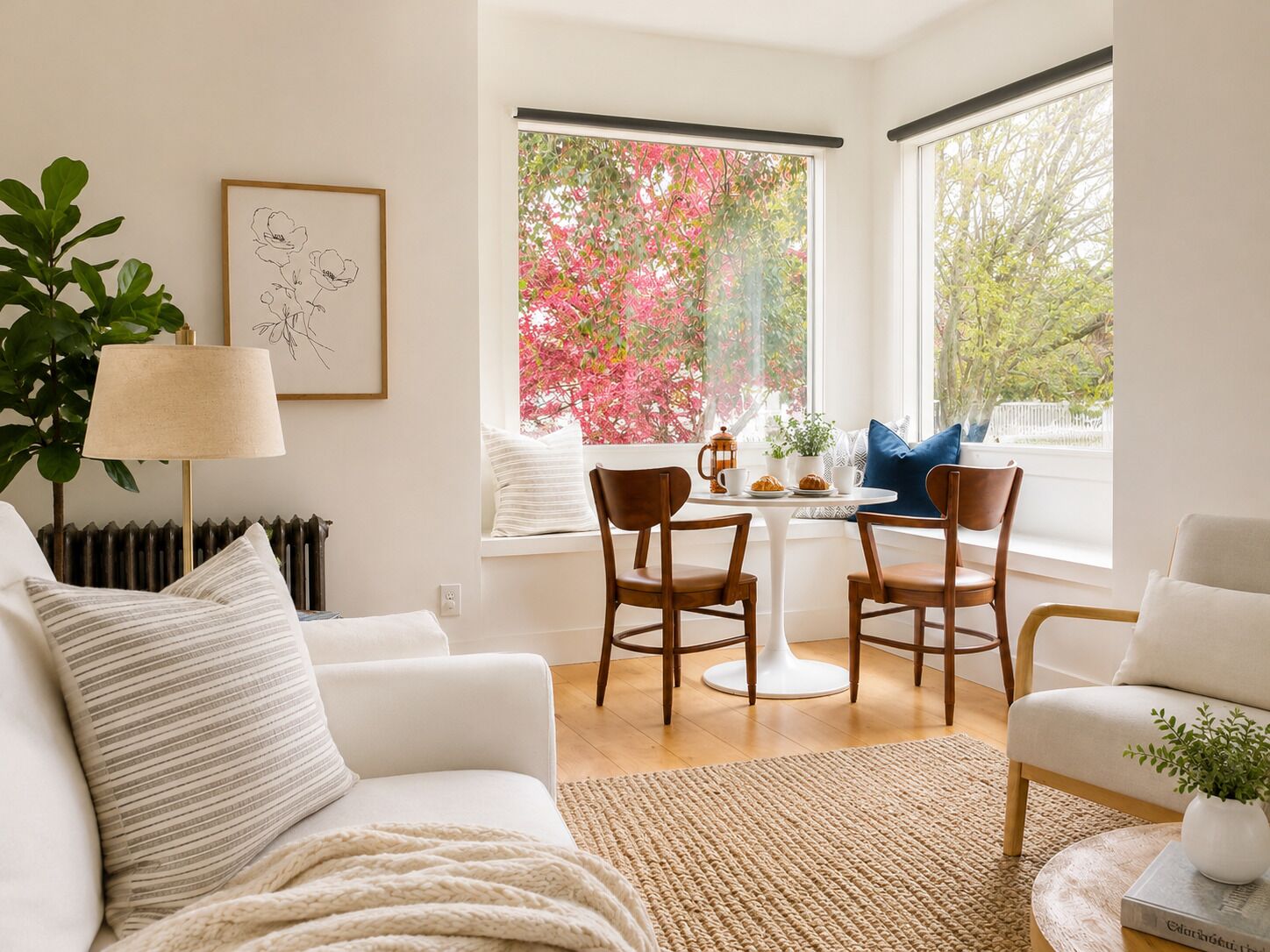 Ein modernes Wohnzimmer mit einem weißen Sofa, einem Couchtisch und zwei Sesseln. Ein Heizkörper, eine Lampe und ein Fenster mit Blick auf rosa Blumen sind ebenfalls zu sehen.