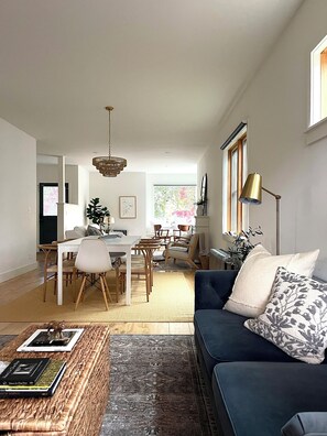 Smart TV, fireplace, video game console, table football