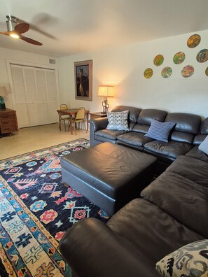 Smart TV, lareira, DVD player, livros