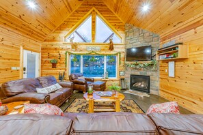 Smart TV, fireplace, DVD player, books