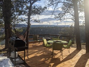En uteplats med en grill, stolar och ett bord, med utsikt över ett skogsområde.