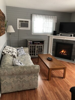 Een smart-tv, een open haard, een dvd-speler en boeken