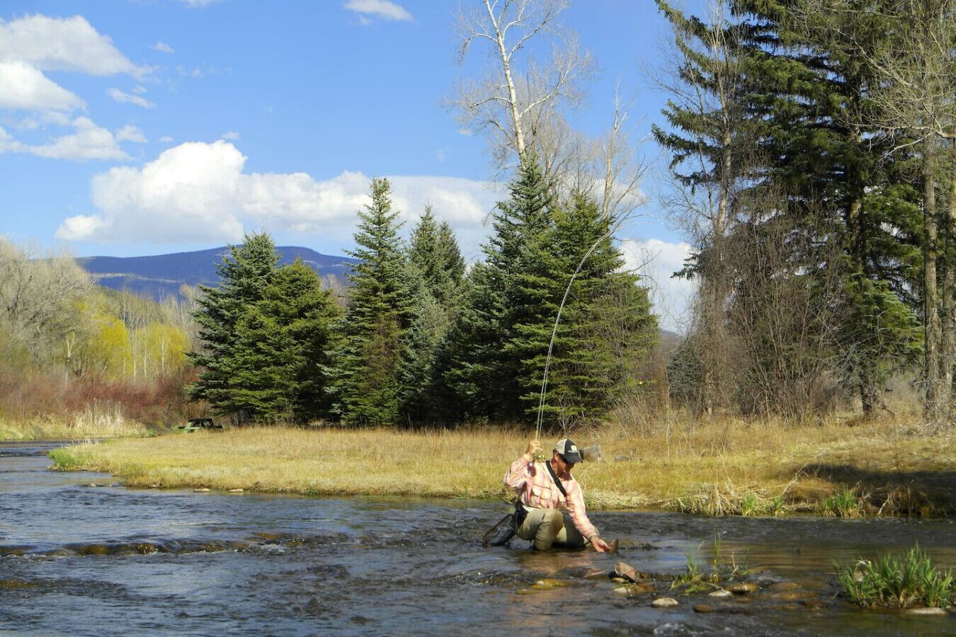Eine Person angelt an einem Fluss, im Hintergrund Bäume und Berge.