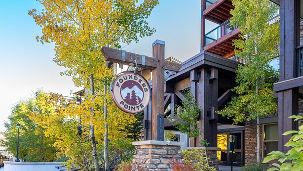 A building with a sign reading "Founders Pointe." - Top Floor Ski-In / Ski-Out Studio Condo at the base of Winter Park Resort (Winter Park)