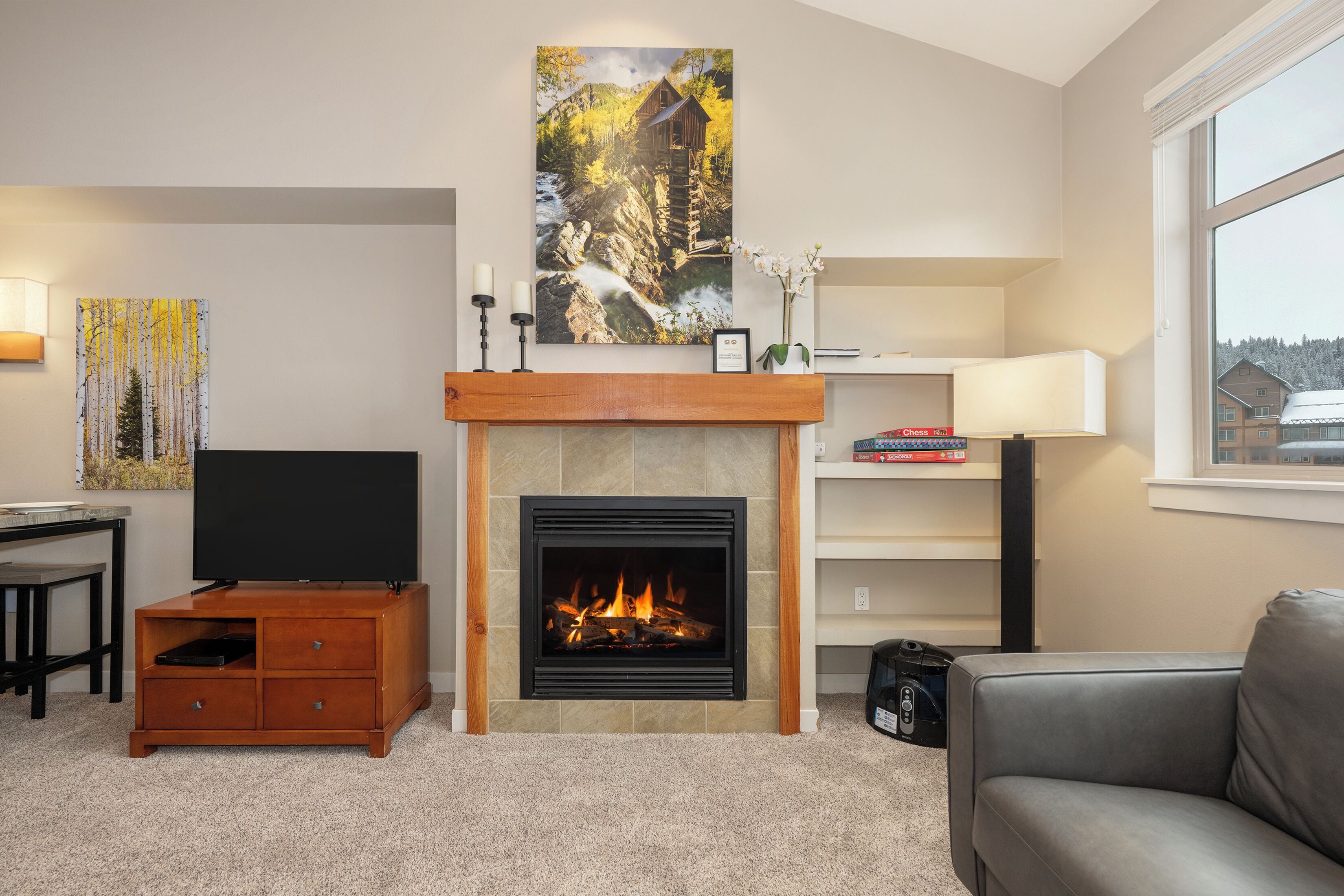 Een televisie, een open haard, videogames en een dvd-speler