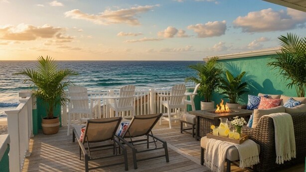 A deck with outdoor seating, a fire pit, and a view of the ocean. - 🌞Oceanfront Rooftop getaway 🏖️Steps to sand 🐶Dog Friendly⚡️EV charger (North Topsail Beach)