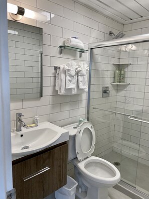 Dusche, Haartrockner, Handtücher, Seife