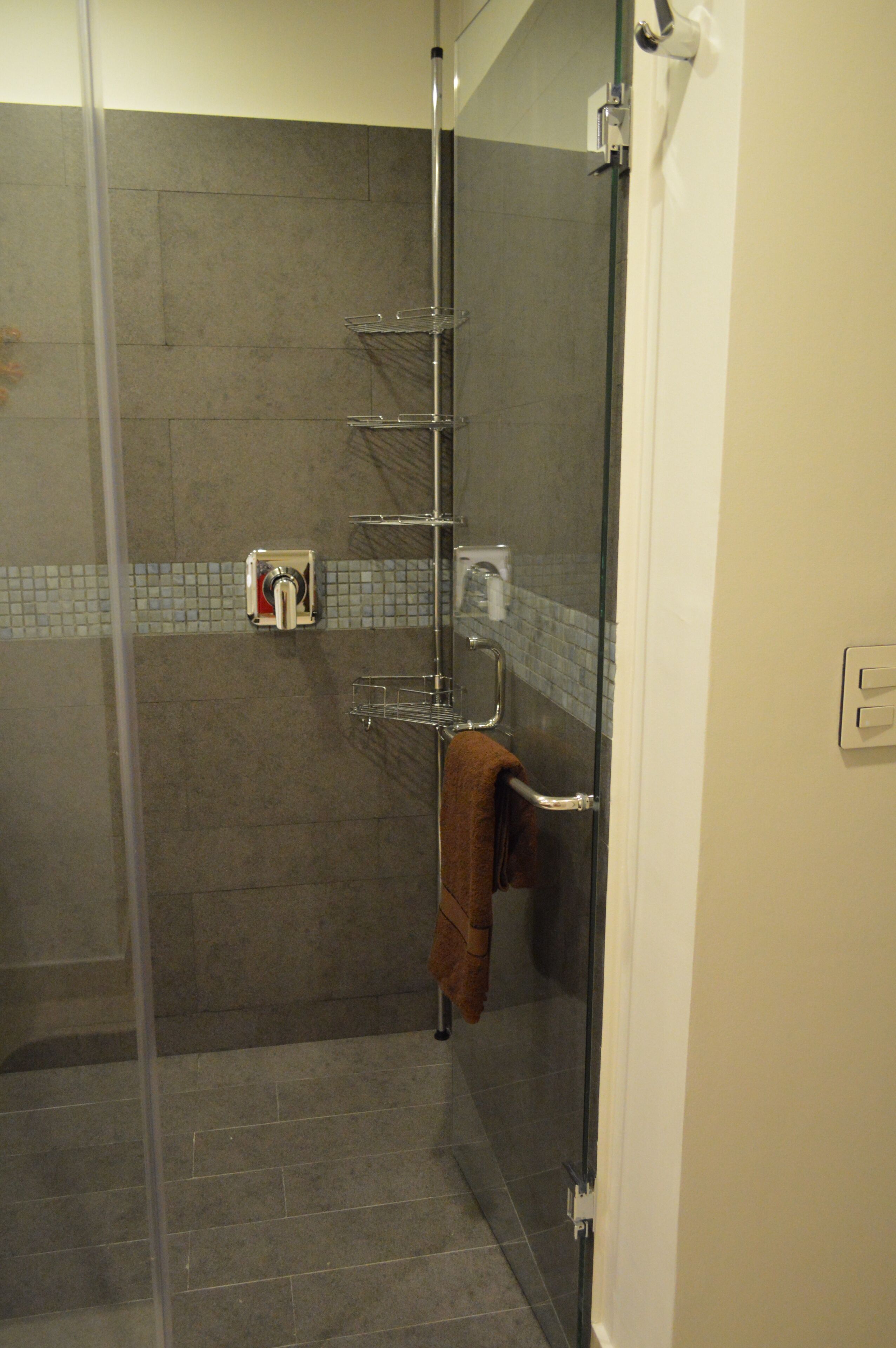 Une cabine de douche fermée par des parois en verre, équipée d’un porte-serviettes et d’un distributeur de savon.