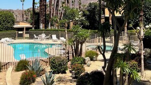 A pool area with palm trees, a clear blue sky, and a mountain in the background.