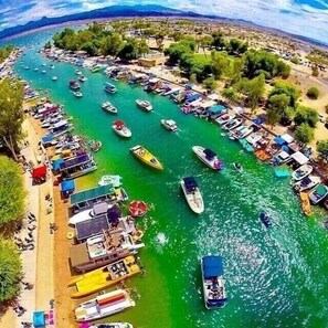 Boats docked along the shoreline, surrounded by lush greenery and buildings.