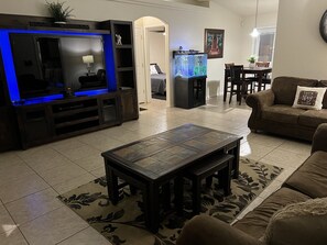 Smart TV, fireplace, DVD player, video library