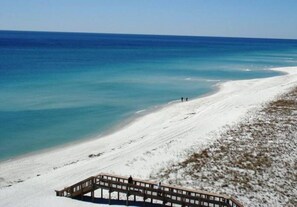 On the beach, sun loungers, beach towels
