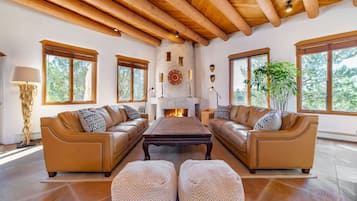 Smart TV, fireplace, DVD player, books