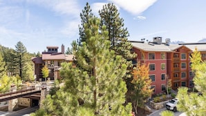 A multi-story hotel with a red facade, a stone bridge, and surrounding pine trees.