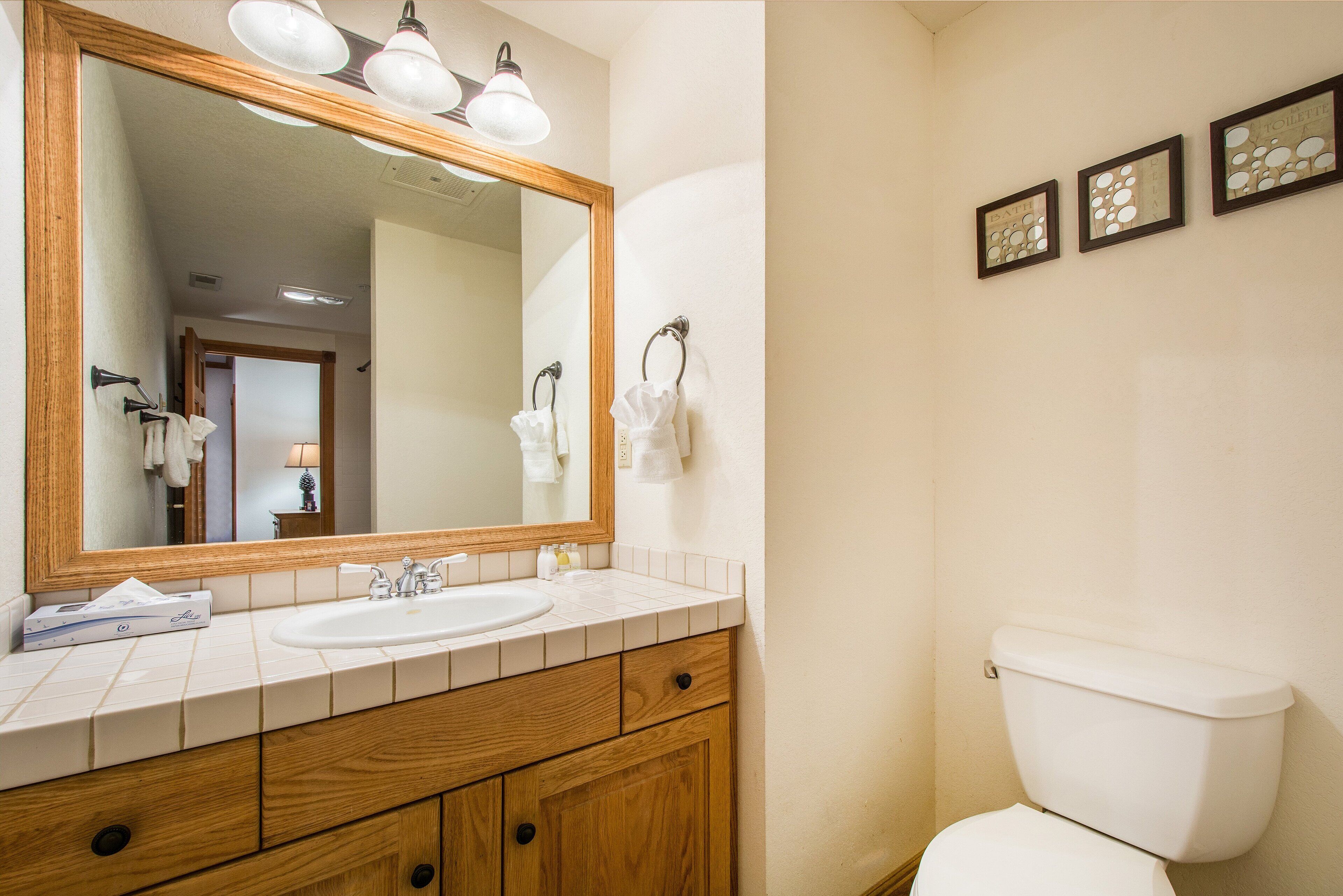 Une salle de bain avec un meuble-lavabo en bois, un grand miroir et des toilettes.