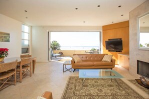 Smart TV, fireplace, books