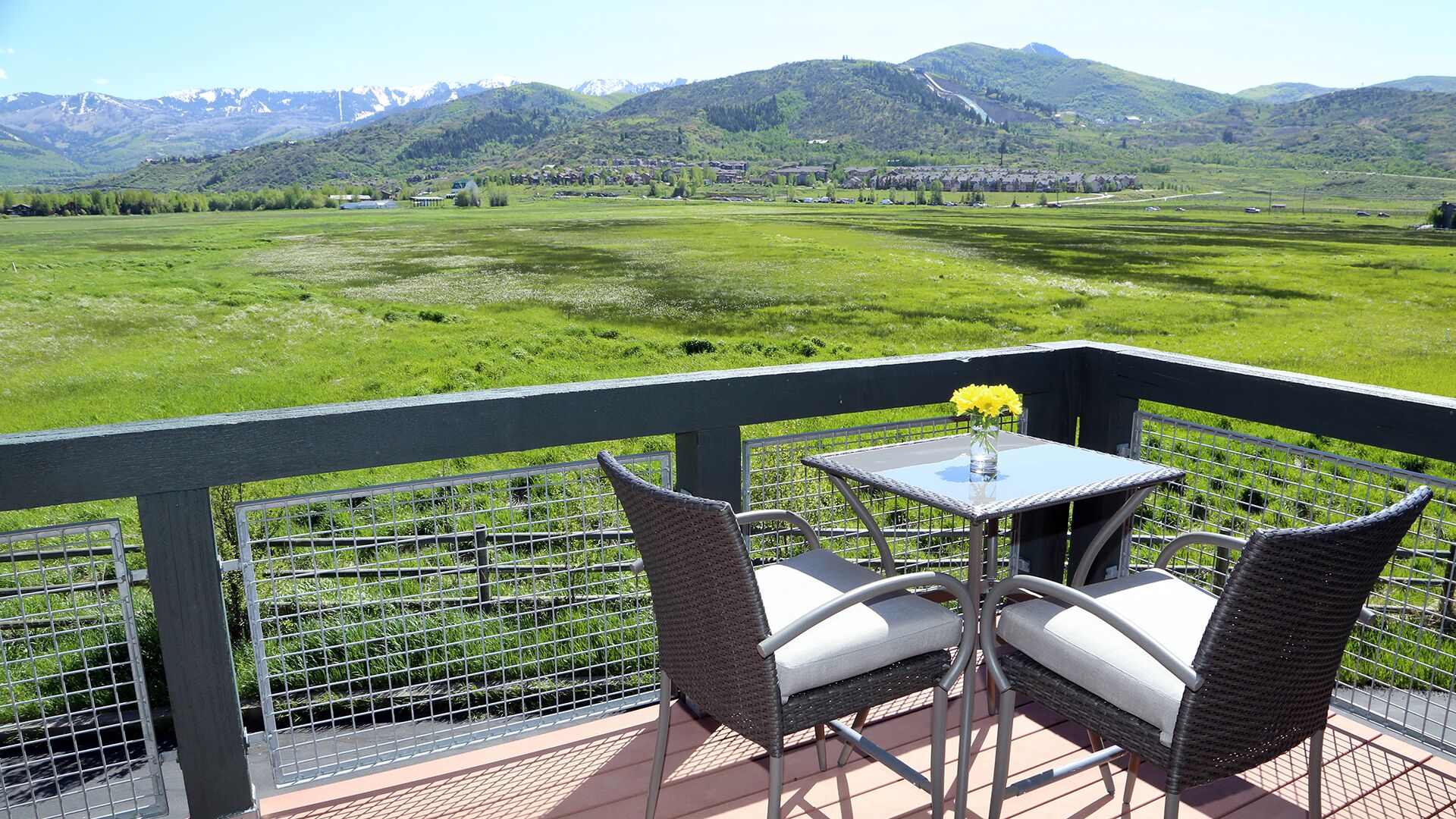 A balcony with wicker chairs and a table, overlooking a green field and mountains.