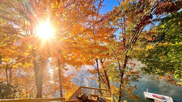A wooden deck with a grill, overlooking a lake with a dock. - WATER FRONT CABIN FOR COUPLES! (Butler)